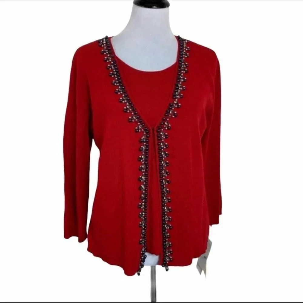 Ruby Red NWT Be Dazzle L red embellished cardigan